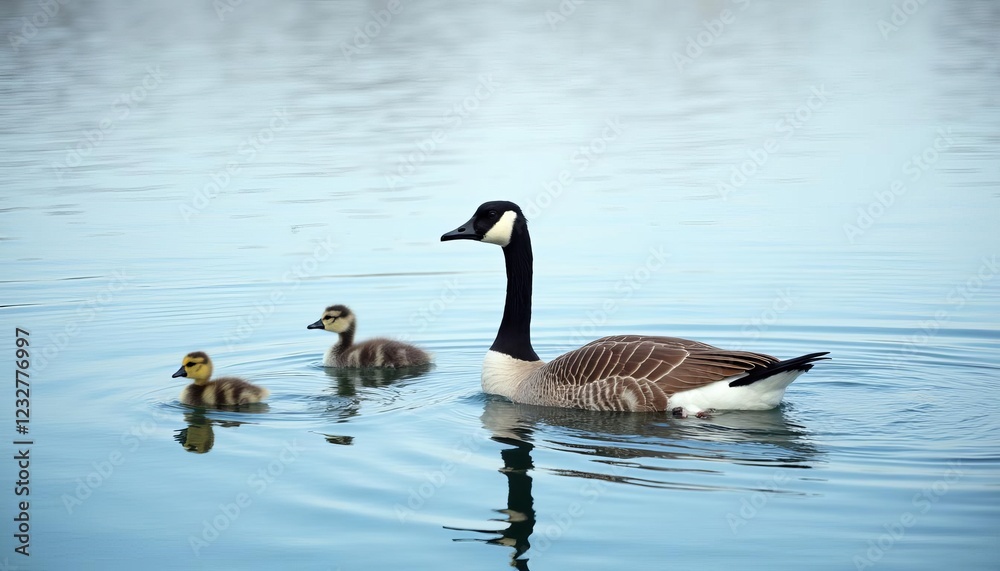 Canadian geese family on a calm lake, rippling water, soft blue tones, serene reflections, goslings, tranquil spring day, wildlife Canadian geese family on a calm lake, rippling water, soft blue tones, serene reflections, goslings, tranquil spring day, wildlife