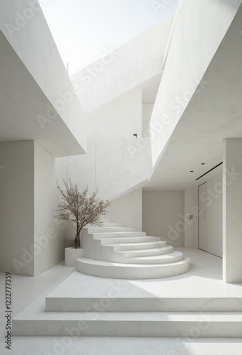 Minimalist White Interior with Bare Tree and Natural Light photo