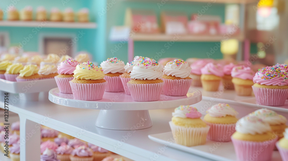 A dreamy pastel-themed pet bakery with rows of beautifully decorated pet cupcakes, cookies, and bite-sized healthy treats. A dreamy pastel-themed pet bakery with rows of beautifully decorated pet cupcakes, cookies, and bite-sized healthy treats.