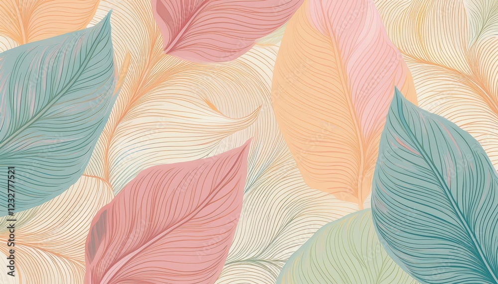 Fototapeta premium Vibrant Pastel Botanical Leaves in Abstract Seamless Pattern, Creating a Stunning, Dreamy Mood for Digital Art, Home Decor, or Design Inspiration