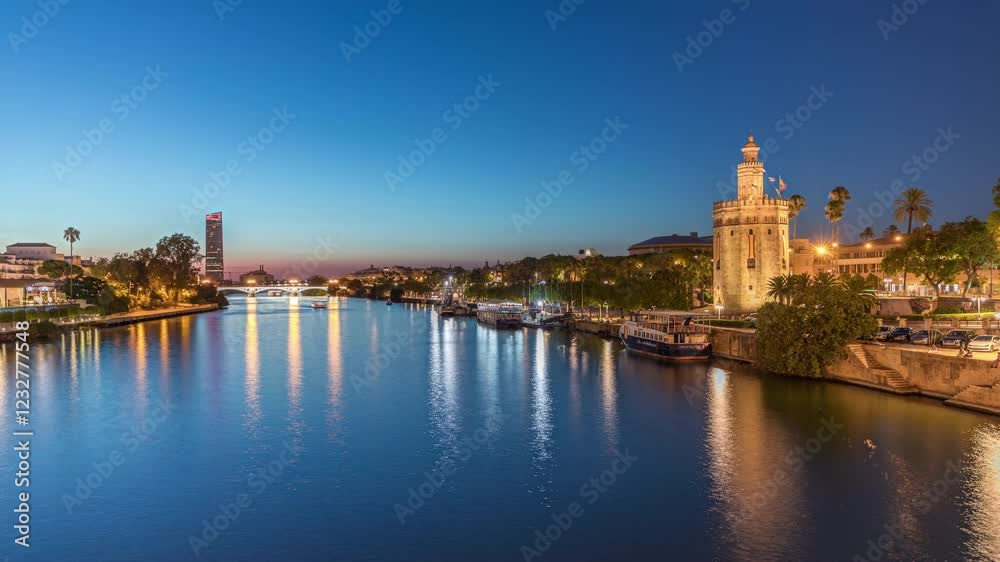Tour boat floating along the Guadalquivir River near Torre del Oro watchtower in Seville, Spain. Day to night transition timelapse with city lights reflecting on water and scenic view of a waterfront Tour boat floating along the Guadalquivir River near Torre del Oro watchtower in Seville, Spain. Day to night transition timelapse with city lights reflecting on water and scenic view of a waterfront