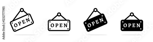 Hanging door Sign board. Open door sign board. Vector open door sign. Open door signs. Door opened vector icons. Open icon set. "We're open" signs set.