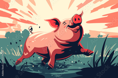 A stylized cartoon-like illustration of a happy pig running through a field, basking in the sunlight with an exaggerated joyful expression. 