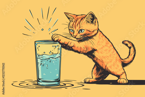 A humorous and expressive illustration of a mischievous orange cat tipping over a glass of water. 