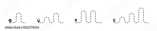 Dashed line path with location pin pointer. Dotted line path. Dashed trace. Travelling symbols. Abstract dashed lines. Way dirrection lines. Travel way