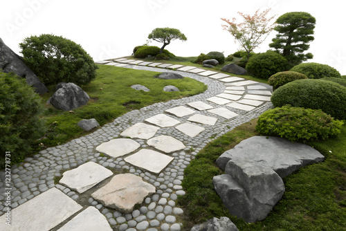 Serene Stone Path: A winding stone pathway meanders through a meticulously manicured Japanese garden,  featuring carefully placed rocks, lush green moss, and sculpted shrubs.