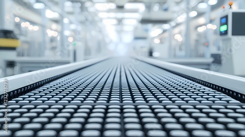Wallpaper Mural A close-up view of a conveyor belt in a modern factory, emphasizing its smooth surface and the blurred background of a manufacturing environment. Torontodigital.ca