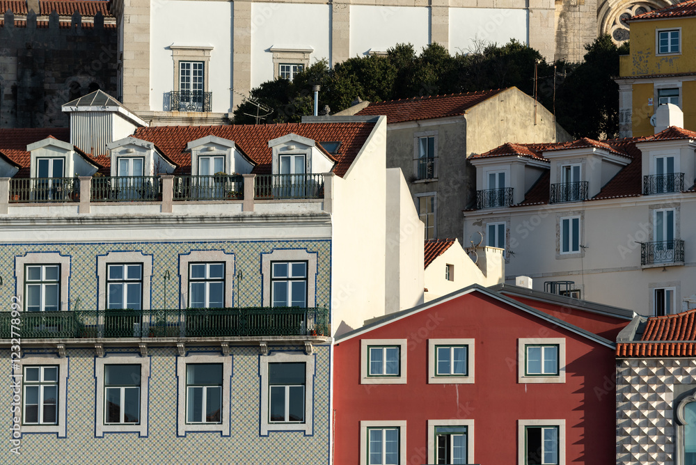 Fototapeta premium Close-up of colourful facades on the border of Alfama neighbourhood