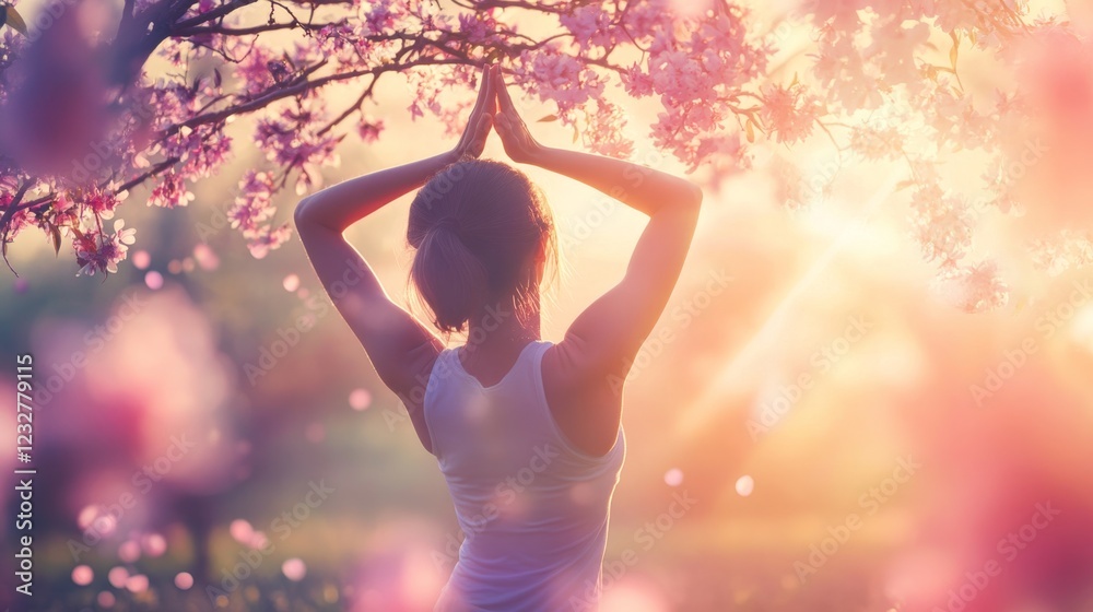 Young Woman Practicing Yoga in Sunlit Park Surrounded by Blossoms Young Woman Practicing Yoga in Sunlit Park Surrounded by Blossoms