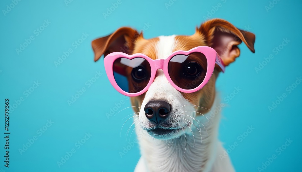 Dog portrait with pink heart sunglasses, blue background, studio lighting, cute expression, whimsical, fashionable, high detail, adorable Dog portrait with pink heart sunglasses, blue background, studio lighting, cute expression, whimsical, fashionable, high detail, adorable