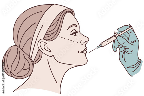 Liposuction surgery on patient's face, doctor hand and syringe vector image, Isolated on white background.
