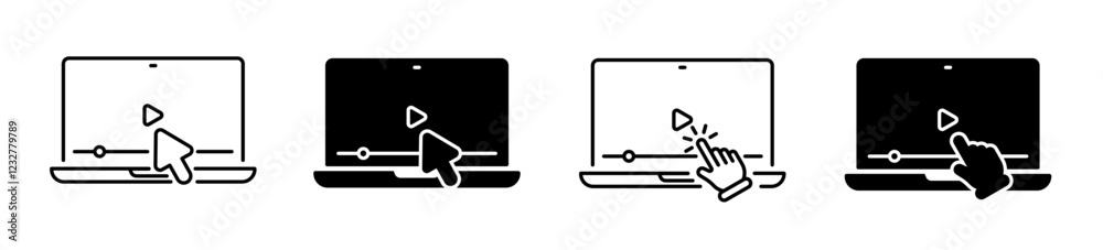 Cursor clicking play button.  Video play button on device screen. Media player. Video player button. Pointer cursor with device