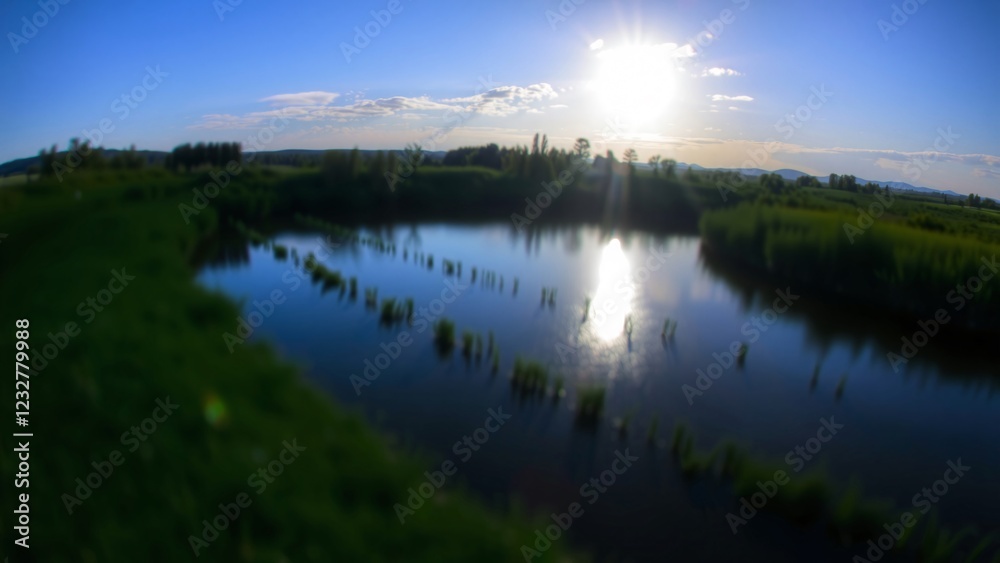 Fototapeta premium Serene Sunset over a Calm River in a Lush Green Meadow