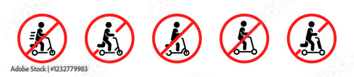 No electric scooter signs. No kickscooter vector icons. Electric scooter prohibition road signs. E-scooter prohibition area symbols.