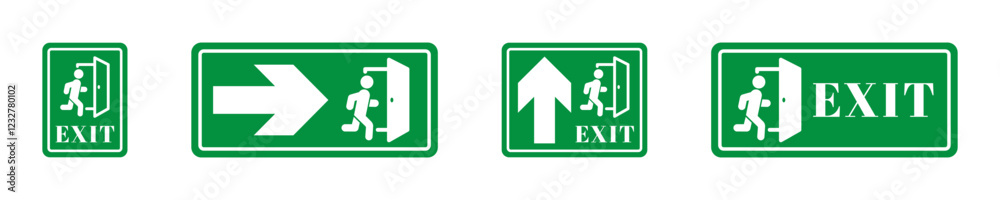 Emergency exit green board icons. Exit symbols on green safety boards Emergency exit green board icons. Exit symbols on green safety boards