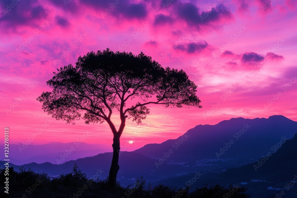 Silhouette of a Tree Against a Pink and Purple Sunset Over a Mountain Range . A solitary tree silhouetted against a vibrant purple sunset, creating a serene and picturesque landscape.