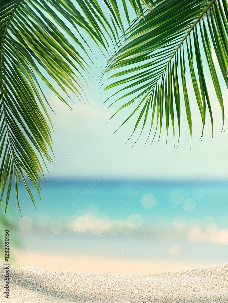 Sand and a hazy palm tree against a tropical beach bokeh backdrop, ideal for summer vacation and travel imagery, with room for text Sand and a hazy palm tree against a tropical beach bokeh backdrop, ideal for summer vacation and travel imagery, with room for text