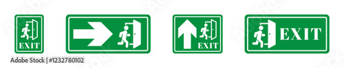 Emergency exit green board icons. Exit symbols on green safety boards
