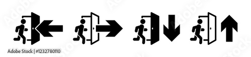 Emergency exit icon set. Directional arrows and exit door symbols