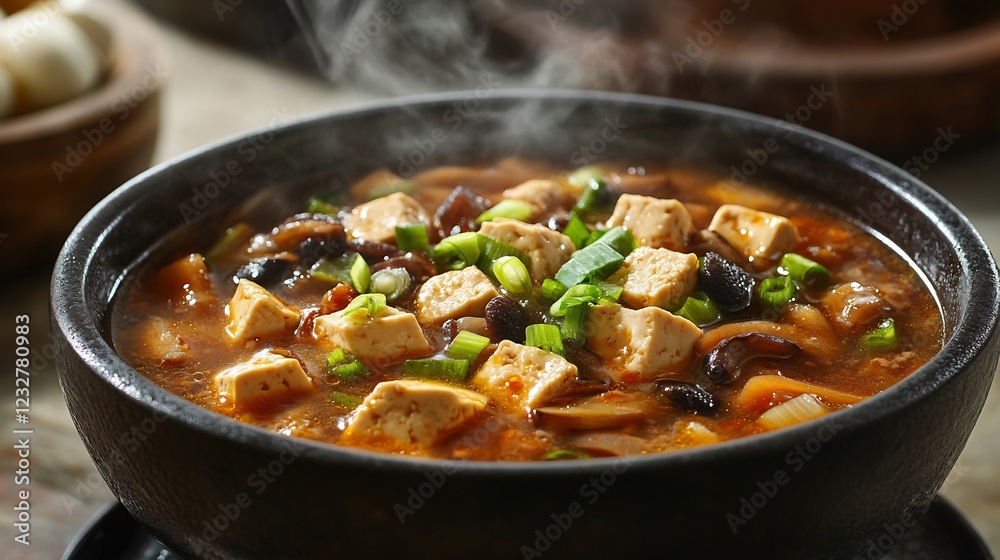 Steaming bowl of Chinese hot sour soup filled with tofu bamboo shoots and mushrooms garnished with scallions Steaming bowl of Chinese hot sour soup filled with tofu bamboo shoots and mushrooms garnished with scallions