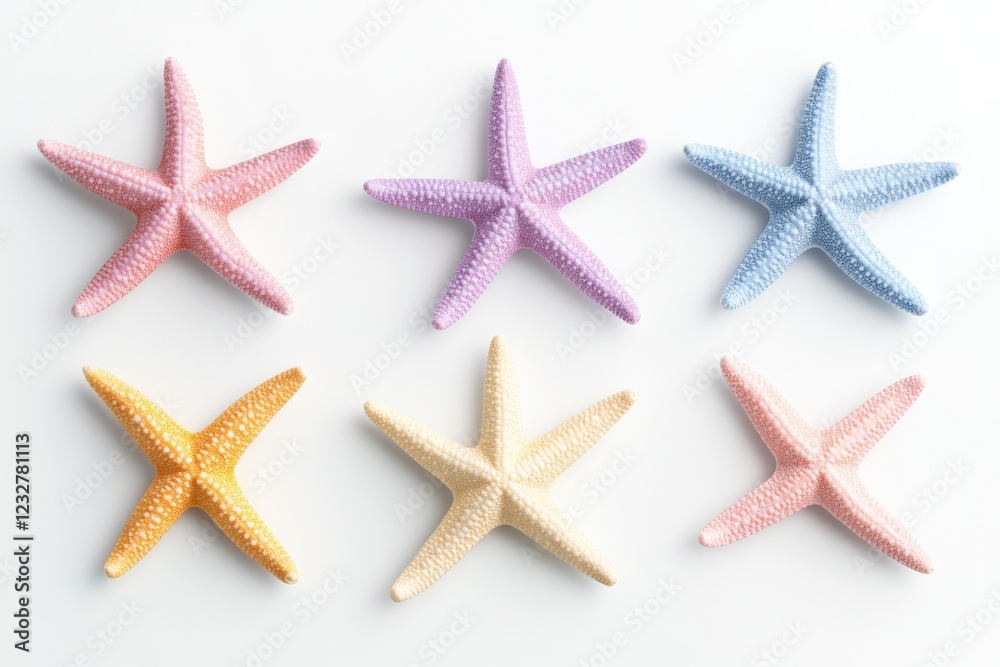 pastel colored starfish on a white background pastel colored starfish on a white background