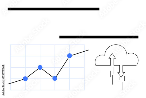 Line graph with upward trend, blue data points cloud icon with upward and downward arrows. Ideal for analytics, growth, technology, weather, forecasting, cloud computing, abstract line flat metaphor
