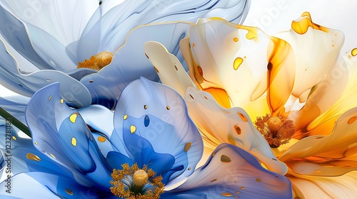 Abstract Blue Orange Flowers, Closeup, Studio, Light Background, Design
