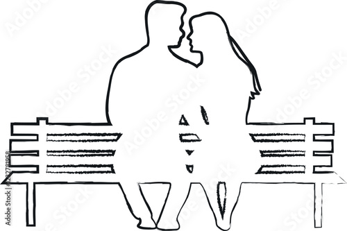 
A boy and a girl sit on a bench and look at each other. Outline drawing. This silhouette style illustration conveys themes of love, companionship, romance and emotional connection, making it perfect 