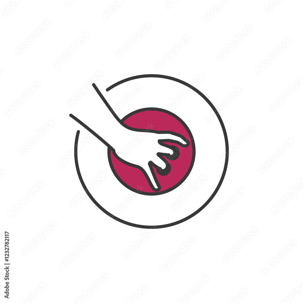 Obraz premium Illustration of a hand gripping a bowling ball. The hand is positioned over a round object with finger holes, representing the sport of bowling.