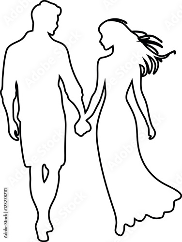 Couple holding hands while walking together. Contour drawing in black color. This silhouette style illustration conveys themes of love, companionship, romance and emotional connection, making it perfe