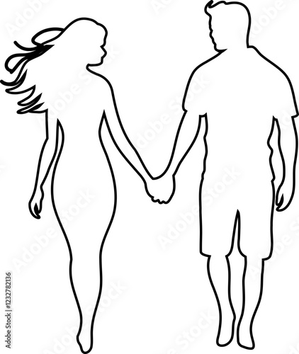 Couple holding hands while walking together. Contour drawing in black color. This silhouette style illustration conveys themes of love, companionship, romance and emotional connection, making it perfe