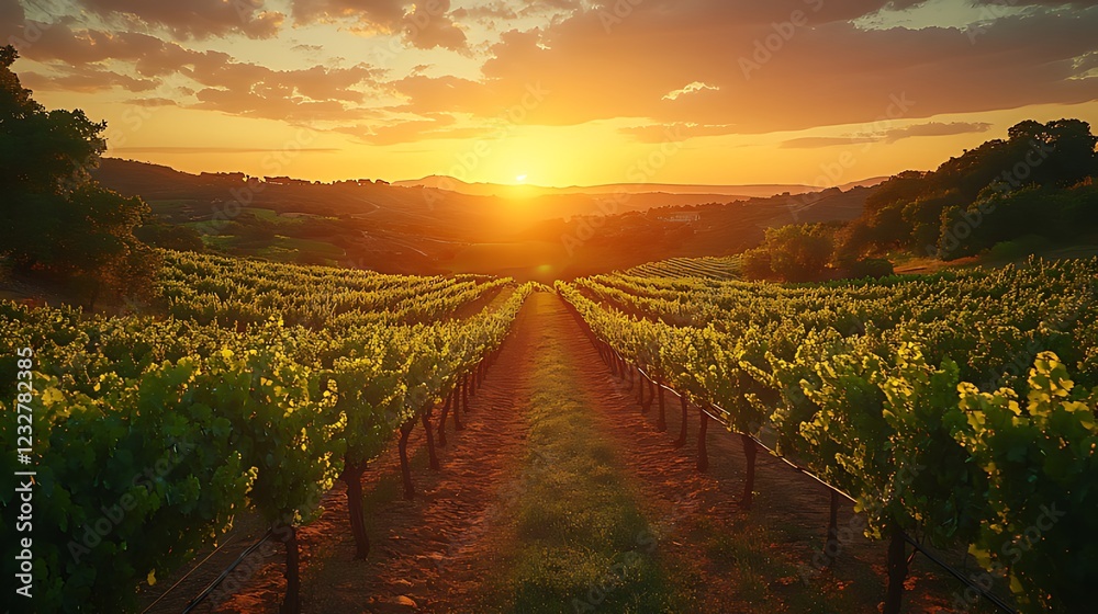 Naklejka premium Vineyard sunset landscape, rows, hills, golden hour, agriculture, peaceful, nature, travel, wine, photography