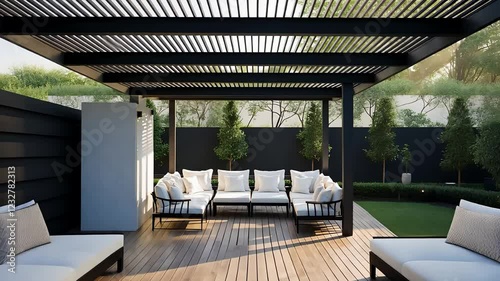 Modern Outdoor Lounge with Pergola, Wooden Deck, White Cushioned Seating, and Green Garden in a Luxury Backyard

 photo