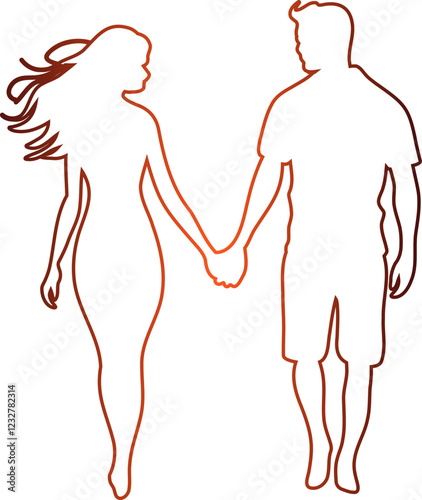 Couple holding hands while walking together. Outline drawing red gradient. This silhouette style illustration conveys themes of love, companionship, romance and emotional connection, making it perfect