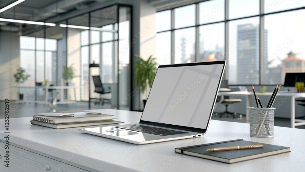 A modern office setting features a sleek laptop on a desk, surrounded by notebooks and a pen holder. Floor-to-ceiling windows reveal a view of a cityscape, allowing natural light to flood the space.AI A modern office setting features a sleek laptop on a desk, surrounded by notebooks and a pen holder. Floor-to-ceiling windows reveal a view of a cityscape, allowing natural light to flood the space.AI