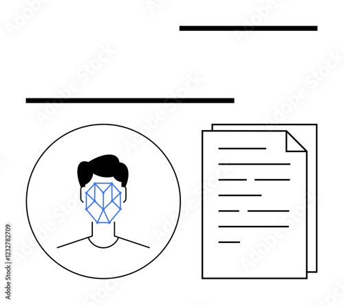 Human face with geometric grid, document stack, and abstract lines. Ideal for AI, identity verification, data security, biometrics, documentation, technology abstract line flat metaphor