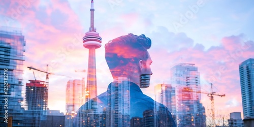 Wallpaper Mural Man gazing cityscape sunset, Toronto tower Torontodigital.ca