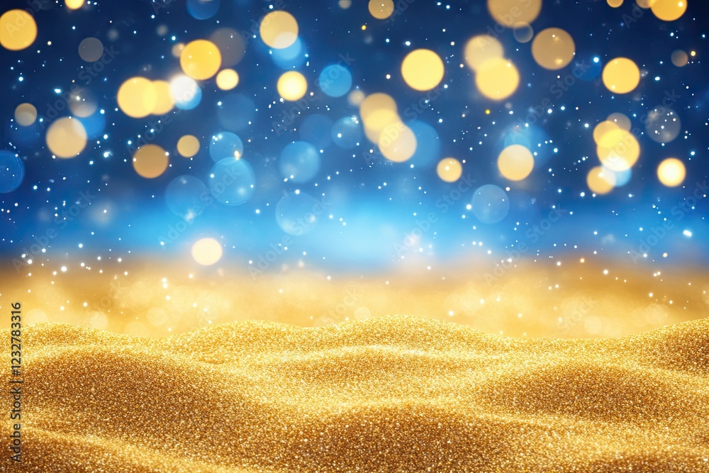 Fototapeta premium Blurred bokeh lights create a serene seascape with a calm sea and sky, emphasizing the sandy foreground