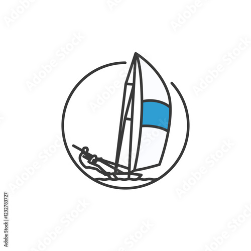 A simple circle encompasses a stylized sailboat with an individual leaning back, sporting a blue stripe on the sail. The icon captures the essence of motion associated with the sailing sport.