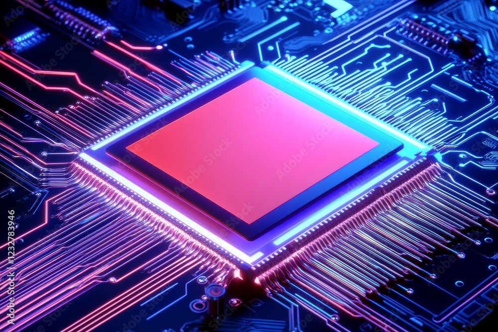 Close-Up View of Vibrant Microchip on Circuit Board with Neon Glow Close-Up View of Vibrant Microchip on Circuit Board with Neon Glow