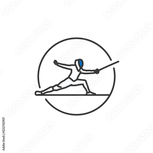 A sleek icon showcases a fencer in action, lunging with foil, enclosed by a circular frame. The figure wears a helmet with a blue visor, and fencing gear emphasizes agility and precision