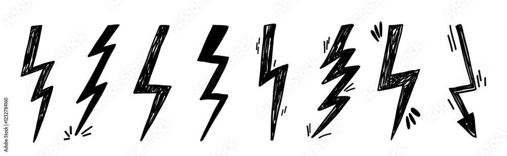 Lightning thunder stroke doodle scribble grunge pencil set. Simple drawing charcoal textured elements.