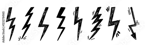 Lightning thunder stroke doodle scribble grunge pencil set. Simple drawing charcoal textured elements.