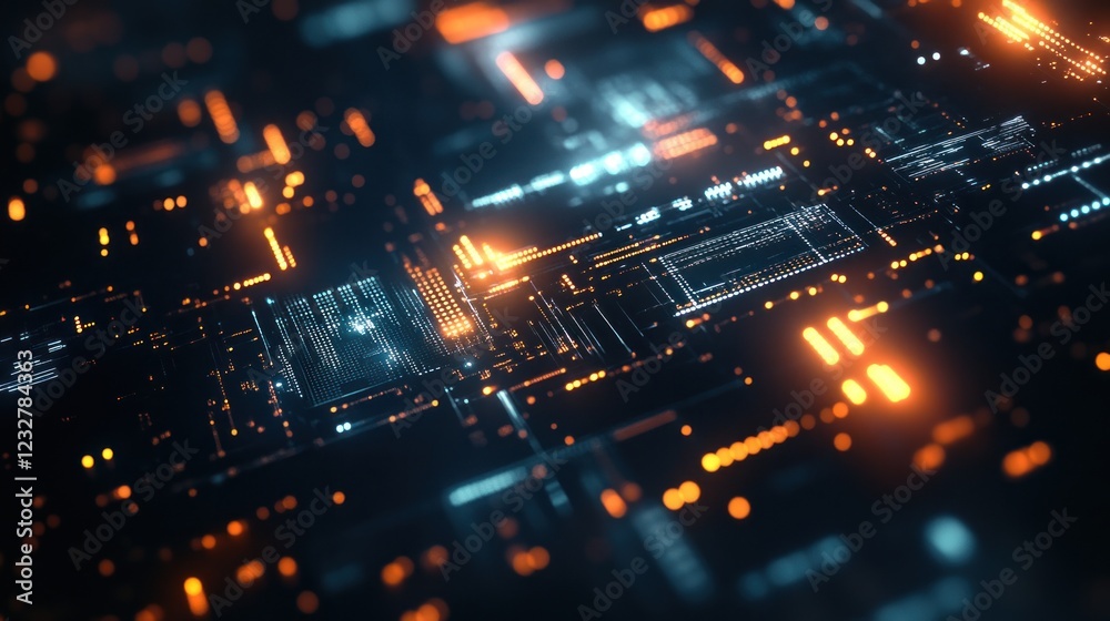 Fototapeta premium Abstract digital data flow, glowing circuit board.