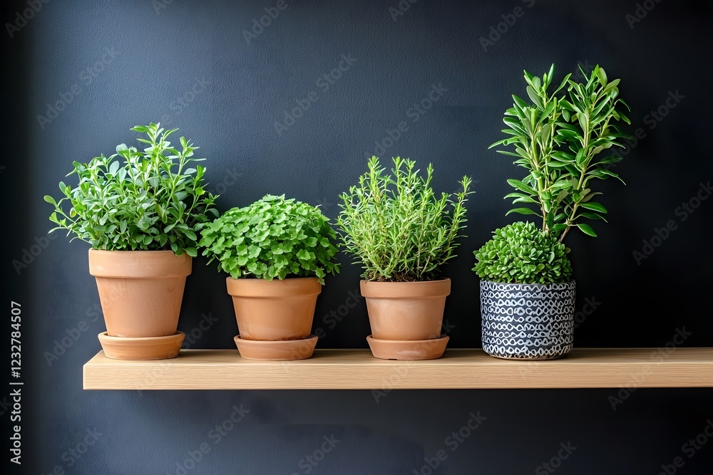 Fototapeta premium Four potted herbs on a wooden shelf against a dark background Home gardening kitchen herbs interior