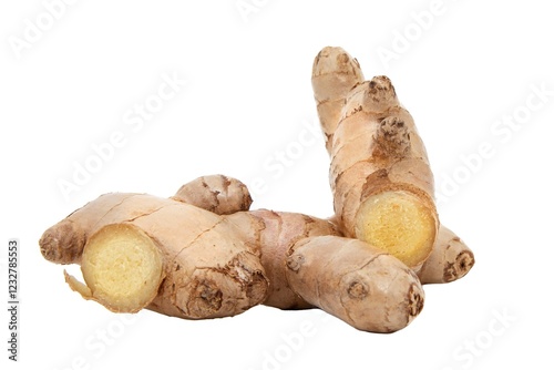 Fresh ginger root on a white background, a healthy natural product for wellness and cooking photo