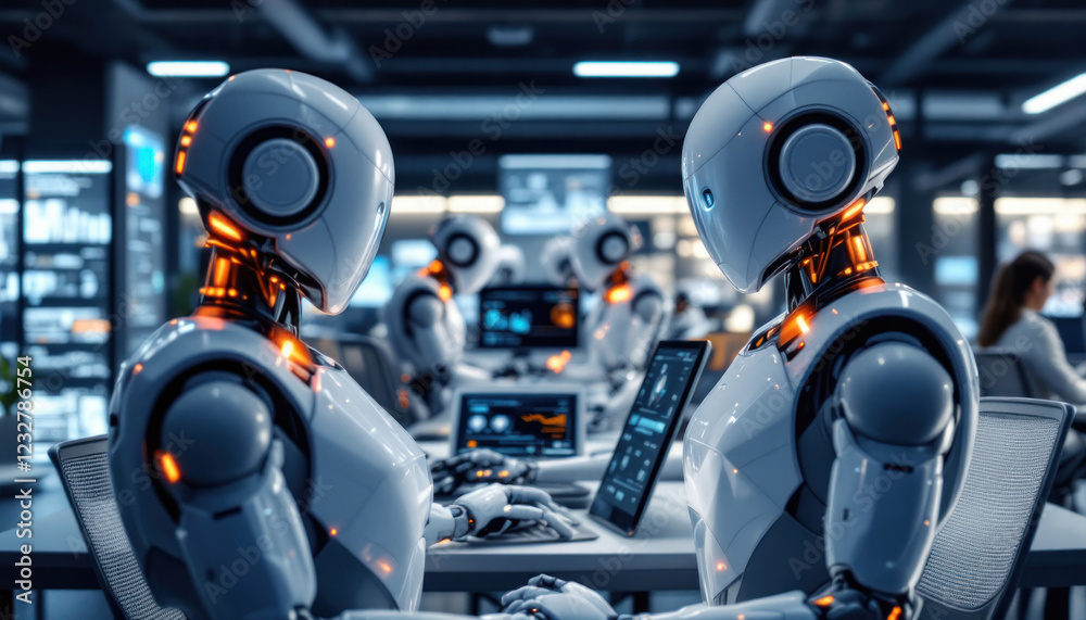 Fototapeta premium Future of Work: Humanoid Robots Collaborating in a Modern Tech Office