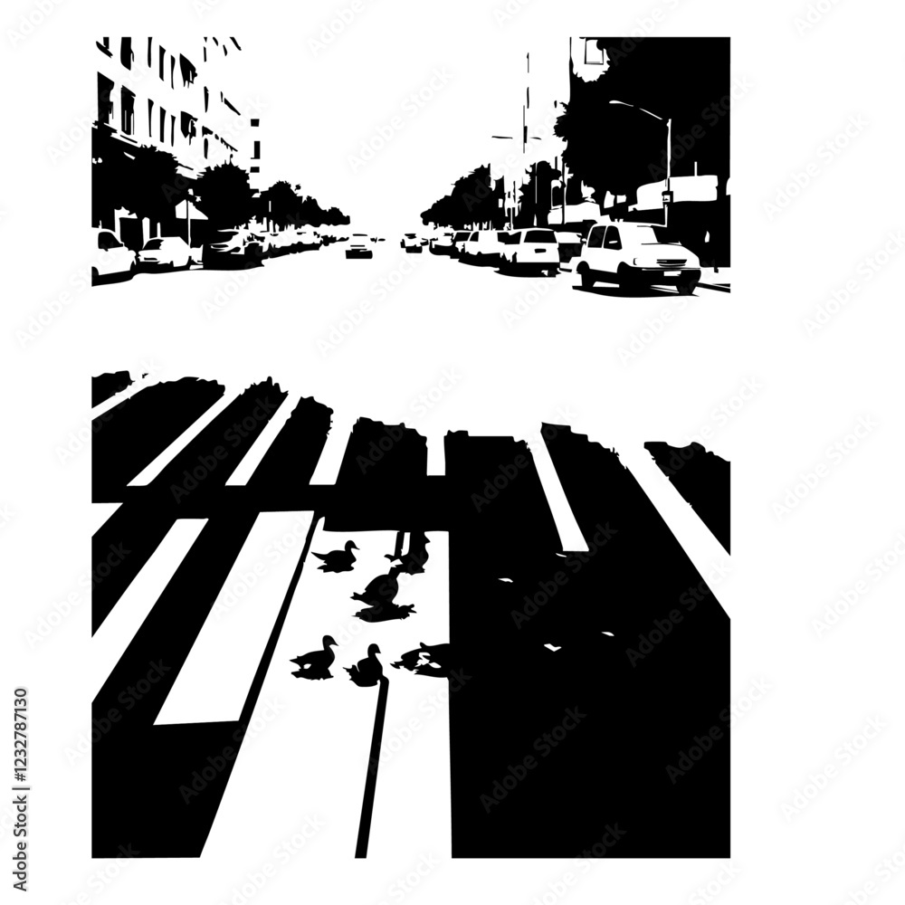 Fototapeta premium Ducks Crossing The Road Vector Logo Design