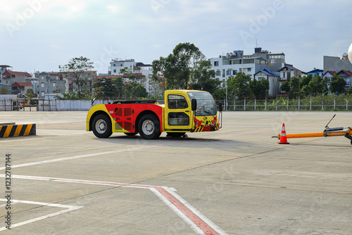 Airplane Tugs, Machine for push back the aircraft to taxiway in ground handling services. photo