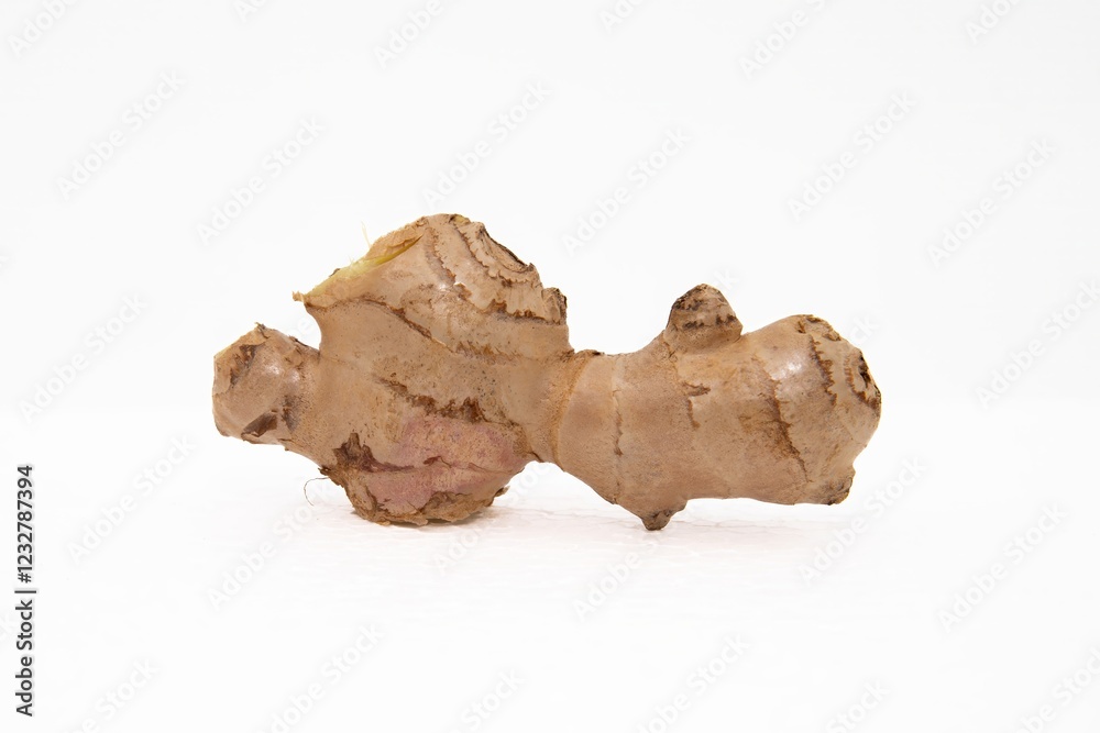 Fresh ginger root with sliced pieces on a white background Fresh ginger root with sliced pieces on a white background